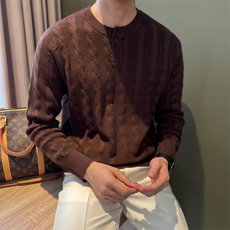 Мужской осенне-зимний плотный белый свитер-henley с косами 2XL кофейный