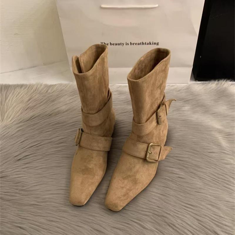 2025 Korean version of the new niche design retro French short boots square head western boots medium boots women's Martin boots