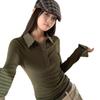 Damen kariertes Patchwork-Langarm-Polo: Herbst/Winter Schlankmachendes Koreanisches Lagenoberteil