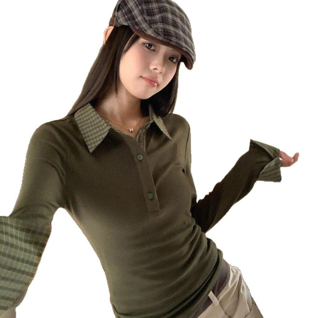 Damen kariertes Patchwork-Langarm-Polo: Herbst/Winter Schlankmachendes Koreanisches Lagenoberteil