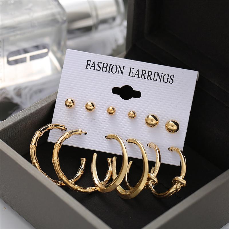 Retro Gold French Geometric Pearl Stud Earrings - 6 Piece Set