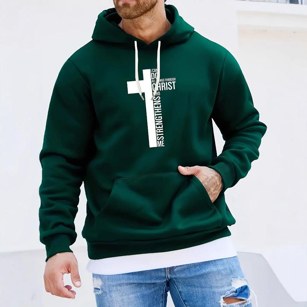 Men's 2025 Creative Black & White Cross Pattern Hoodie with Curved Hood