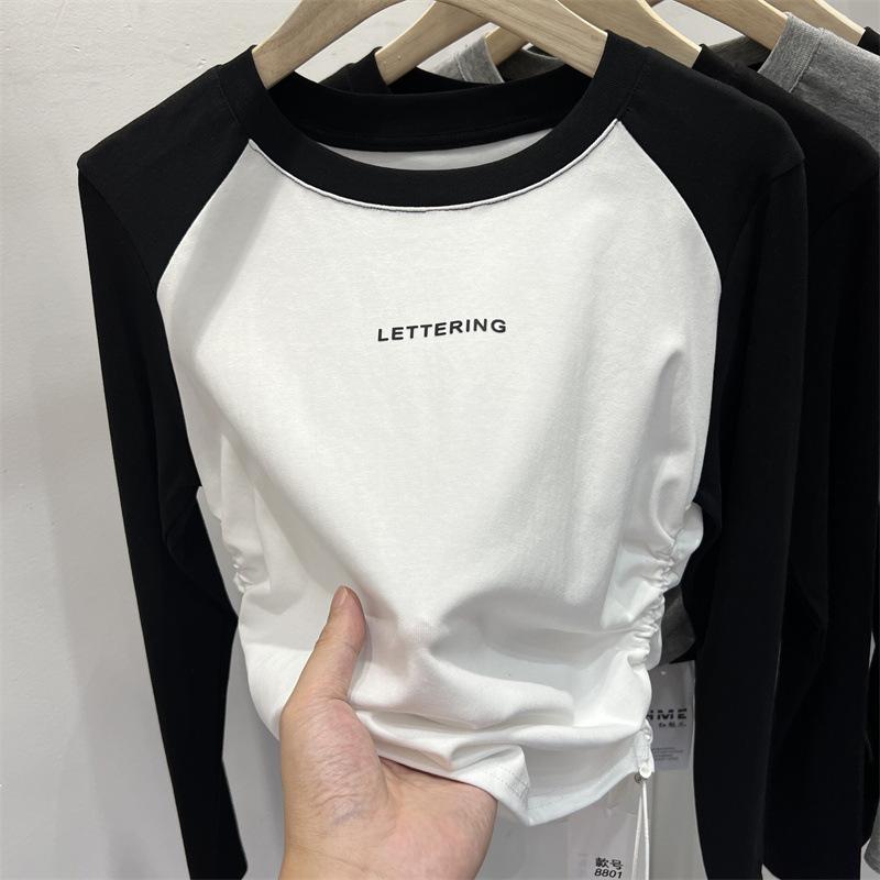 

Spice Girl Fat mm Side Pleated Skinny Contrast Color Crew Neck Shoulder Long Sleeve T-Shirt Women s Autumn Bottom Shirt XL белый