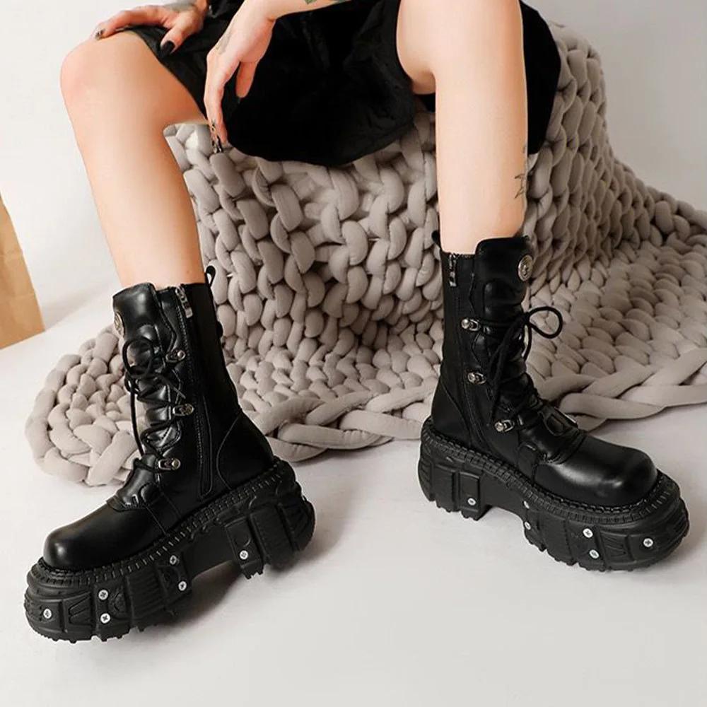Punk Style Women Shoes Lace-up Platform Shoes Woman Rock Boots Metal Decor Thick Bottom Street Shot Knight