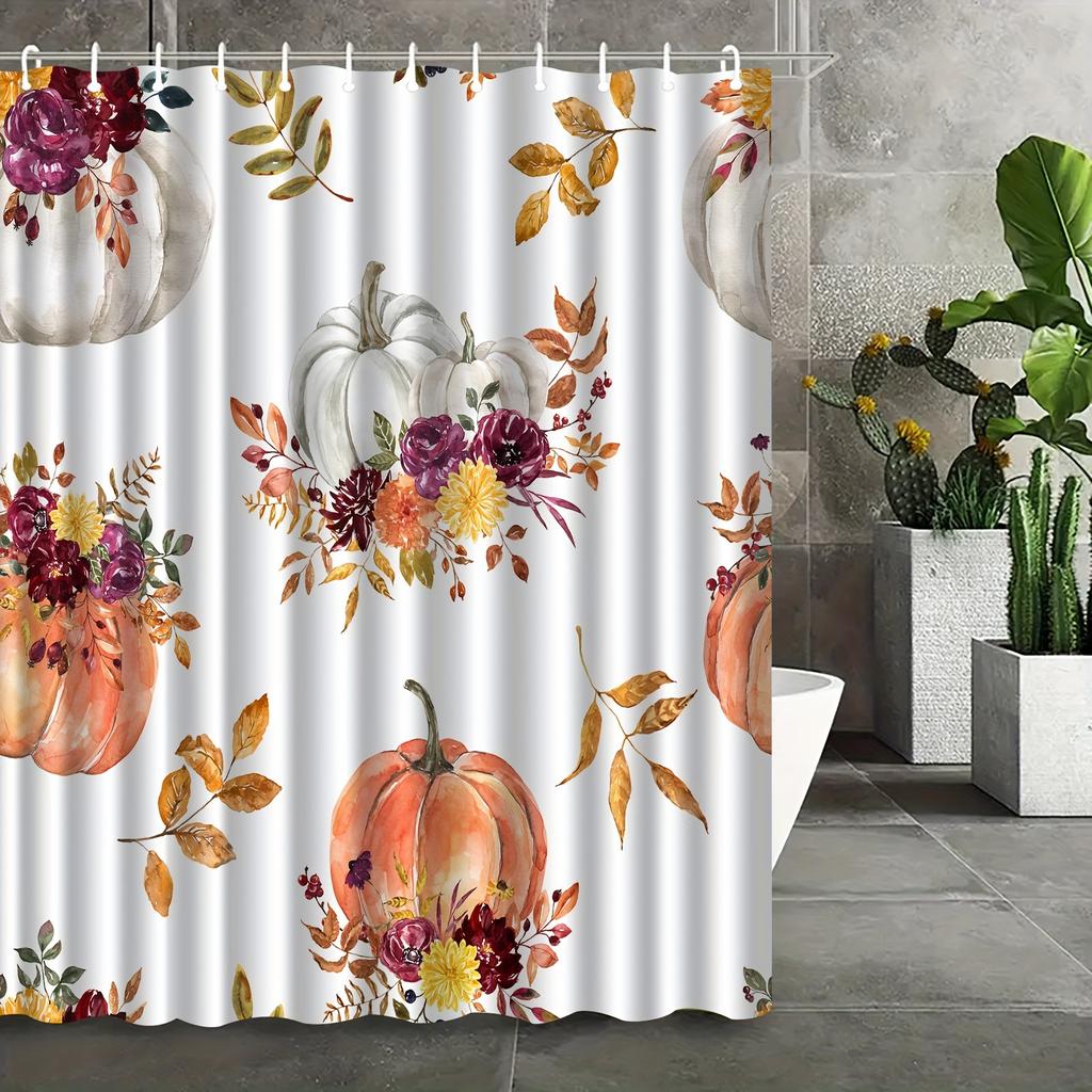 Elegant Pumpkin Floral Shower Curtain, Anti-Fog, Vibrant Orange Pumpkins & Autumn Leaves Design,  Hooks Included