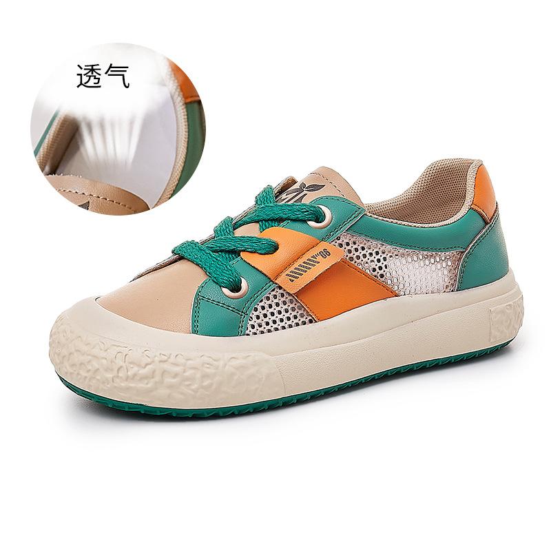 Leather little white shoes 2025 summer new net shoes retro famous trendy shoes casual breathable single shoes flat women's shoes
