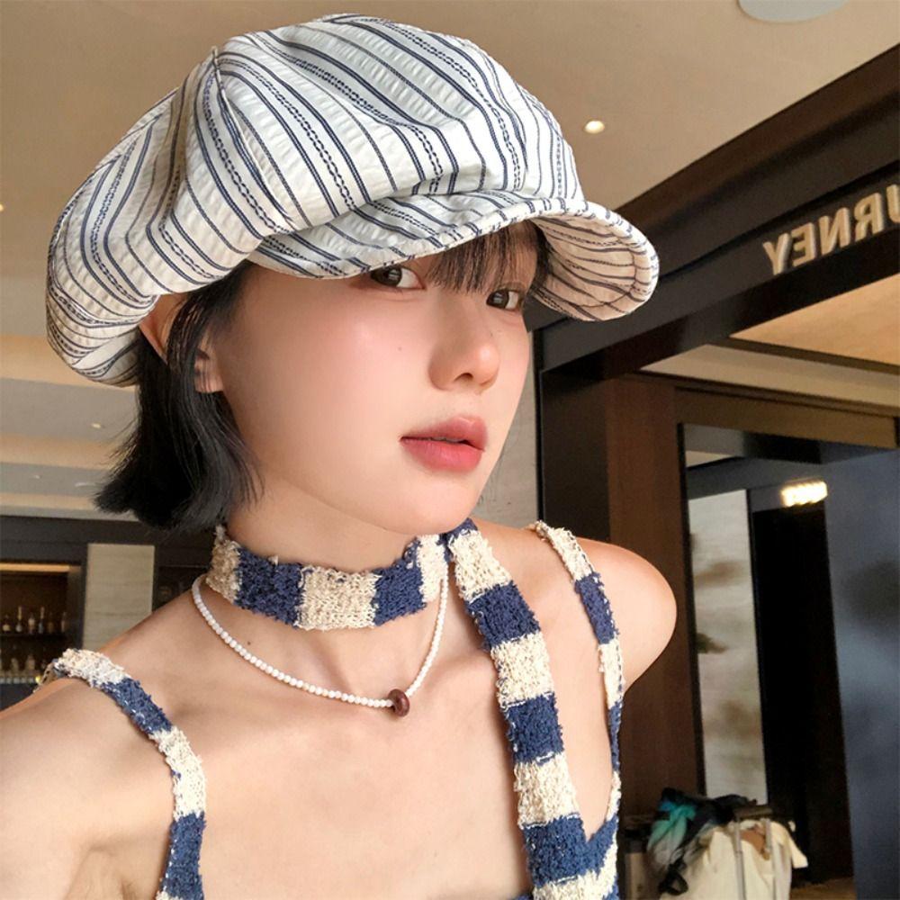 

Spring Summer Octagonal Hat Thin Painter Caps Fashion Striped Berets Outdoor Striped