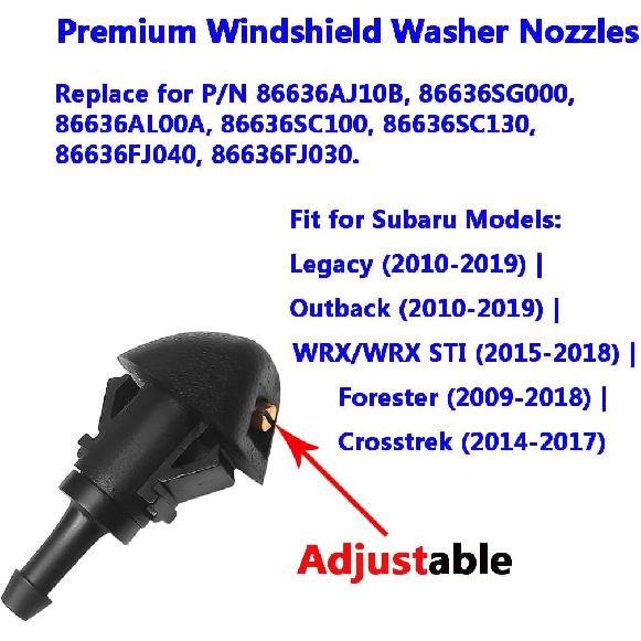 86636AJ10B Adjustable Windshield Washer Nozzles – Front Hood Spray Jet Replacement for Subaru Legacy,Outback,WRX,Forester,Crosstrek 2009–2019 OE#