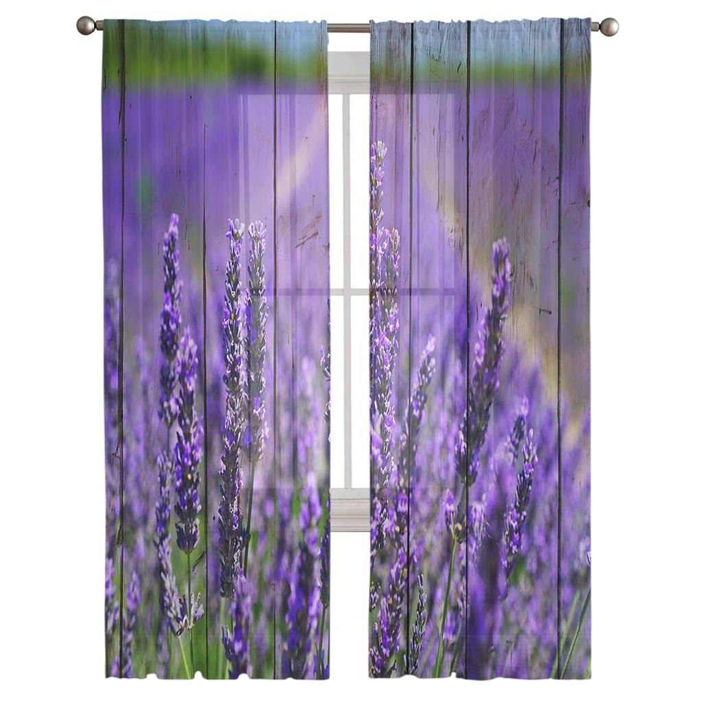 Purple Lavender Flowers Wooden Texture Chiffon Sheer Curtains for Living Room Bedroom Decor Window Voile Tulle Curtain Drapes