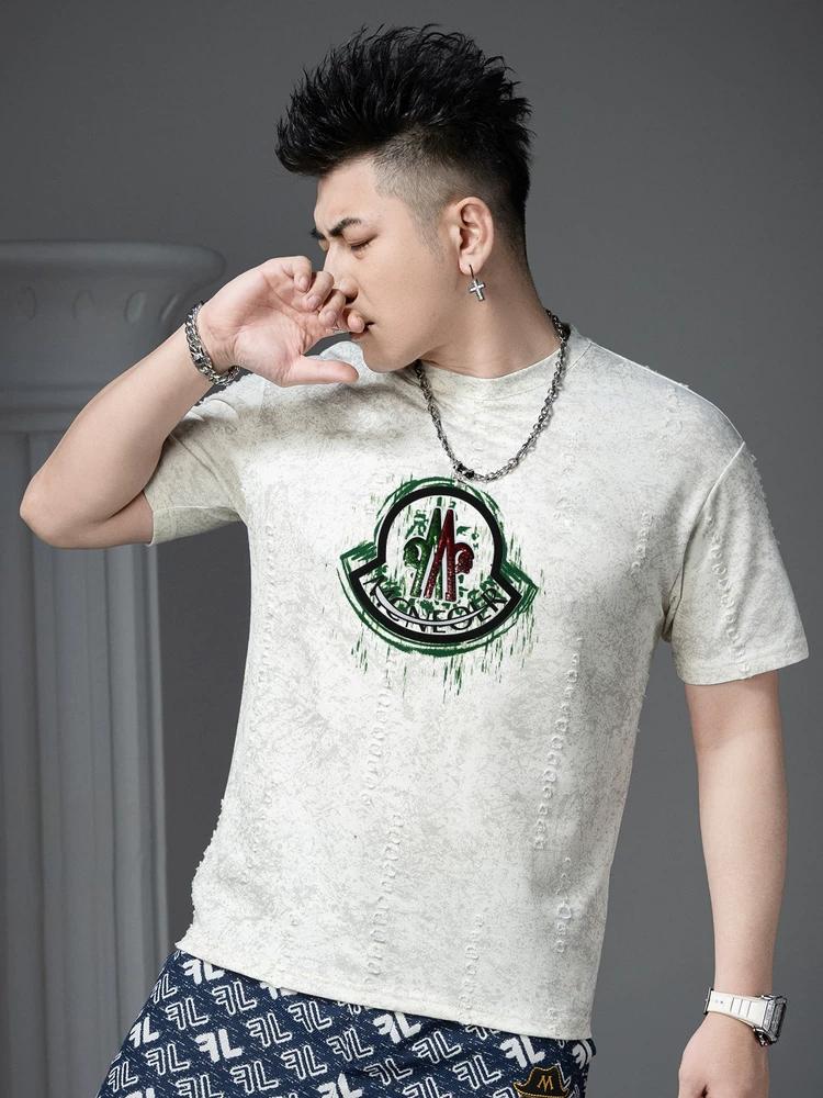 European Men's High-End Printed Sequin Short-Sleeve T-Shirt Trendy Brand Ripped 2025 New Summer Half-Sleeve Top for Men