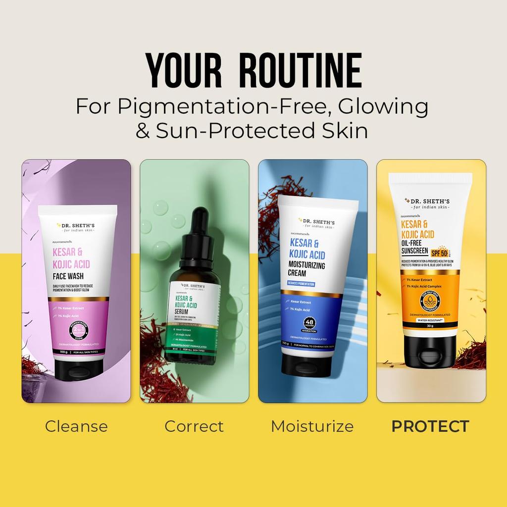 DR. Sheth's Kesar & Kojic Acid Ölfreier Sonnenschutz LSF 50+ PA++++ 30 g Packung für den Schutz öliger Haut