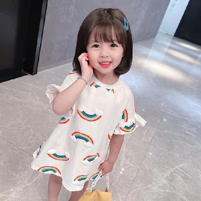 2021 Korean Rainbow T-Shirt Dress for Girls - Cute Summer Mid-Length Skirt