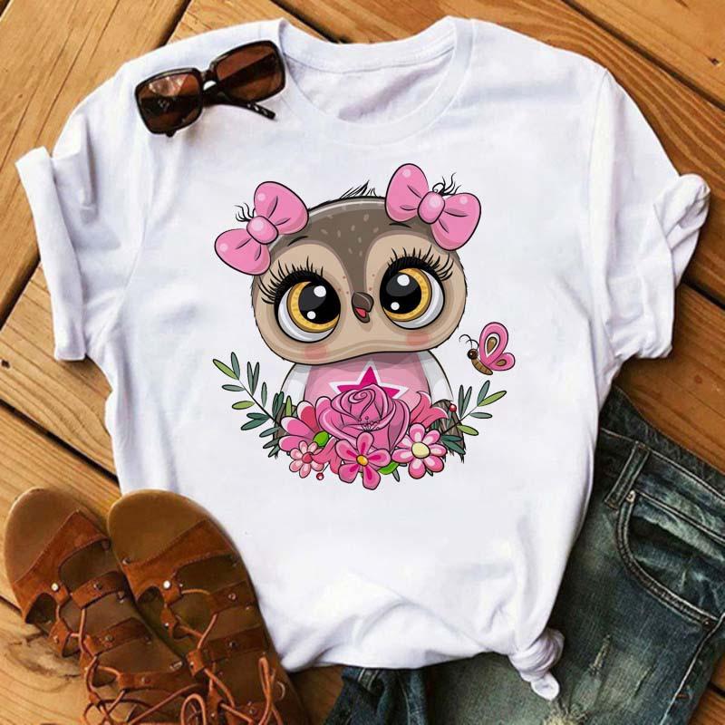 

Cute Cartoon Owl Graphic Women T-Shirt 90S Kawaii Summer Tees Children Loose Blouse O-Neck Female Crop Top Girl Shirts XXXL білий
