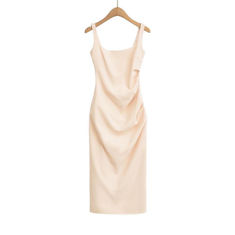 Elegant Square Neck Slim Fit Pleated Waist Bodycon Dress