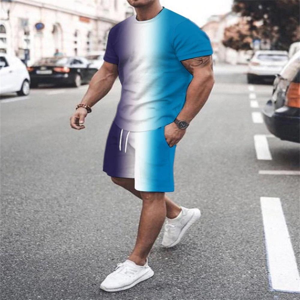 Summer Trend Fashion Men's Gradient Short-Sleeved Shorts Set 3D Print Retro Sports T-Shirt Two-Piece Men Streetwear Sportswear