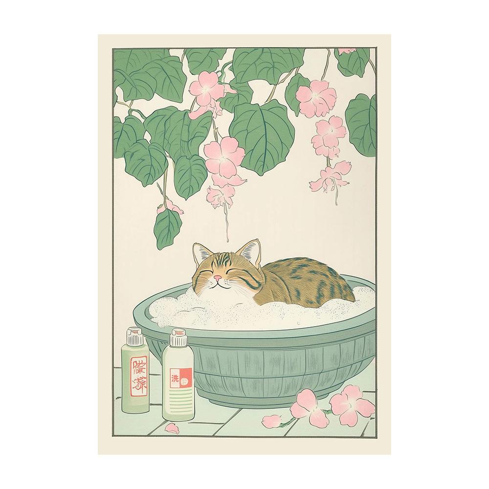 Gato Atigrado Japonés en Bañera Impresiones de Póster Pintura sobre Lienzo Estética Retro Arte de Pared Imagen Japandi Baño Aseo Decoración para el Hogar