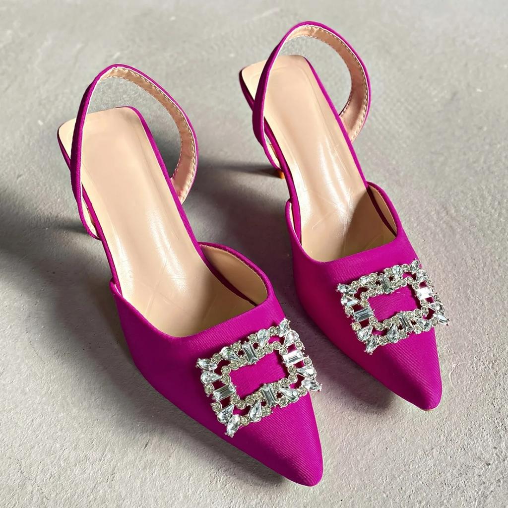 Fashion Crystal Shallow Women Shoes Pointed Toe Mid Heels Elegant Sandals Trend Fashion Pumps Slingback Dress Spring Zapatos Mujer