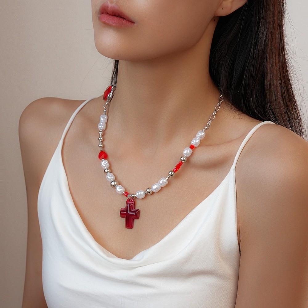 Rhinestone Cross Necklace Love Heart Crystal Cross Pendant Streetwear Cross Choker Chain Party