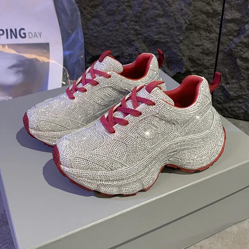 New Women'S Fashion Running Shoes Luxury Designer Diamond Shining Casual Sports Shoes Women'S Thick Soled Casual Shoes