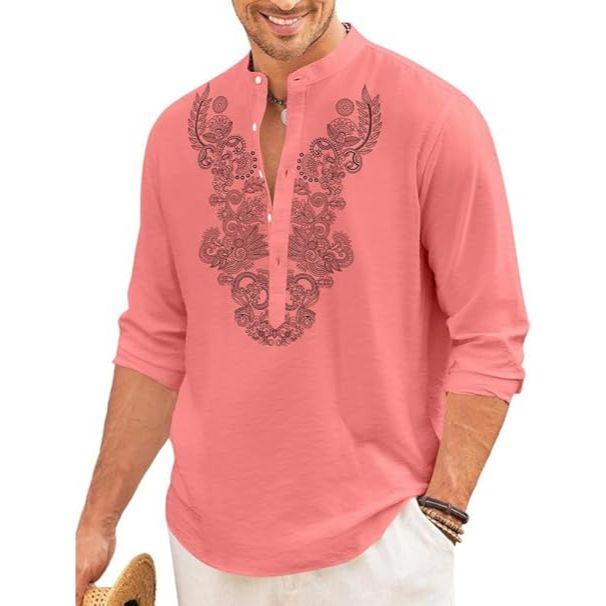 Męska bawełniana krótka kurta z długim rękawem i etnicznym dekoltem | Casualowa kurta o pogniecionej fakturze ze stójką