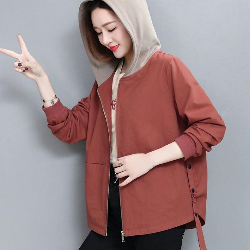 

Женская короткая верхняя одежда на весну и осень, плащ-тренч в корейском стиле с капюшоном, двухслойный, свободная куртка, топ большого размера 3XL