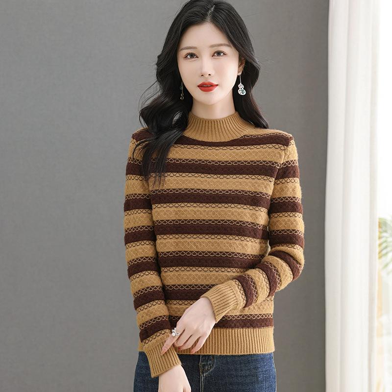 Wool Color Block Knit Sweater - Women's 2023 Autumn/Winter Slimming Half-High Neck