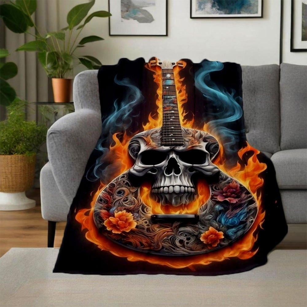 Flaming Skull Guitar Art Print - Musician GiftBlanket Flannel Throw Blanket for Sofa, Bed, Travel, Camping, Office