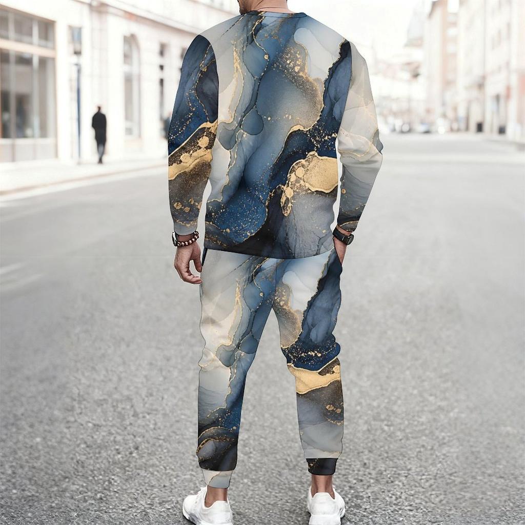 Men Plus Size Round Neck Long Sleeve Printed Blue Gold Two Piece Pants Set