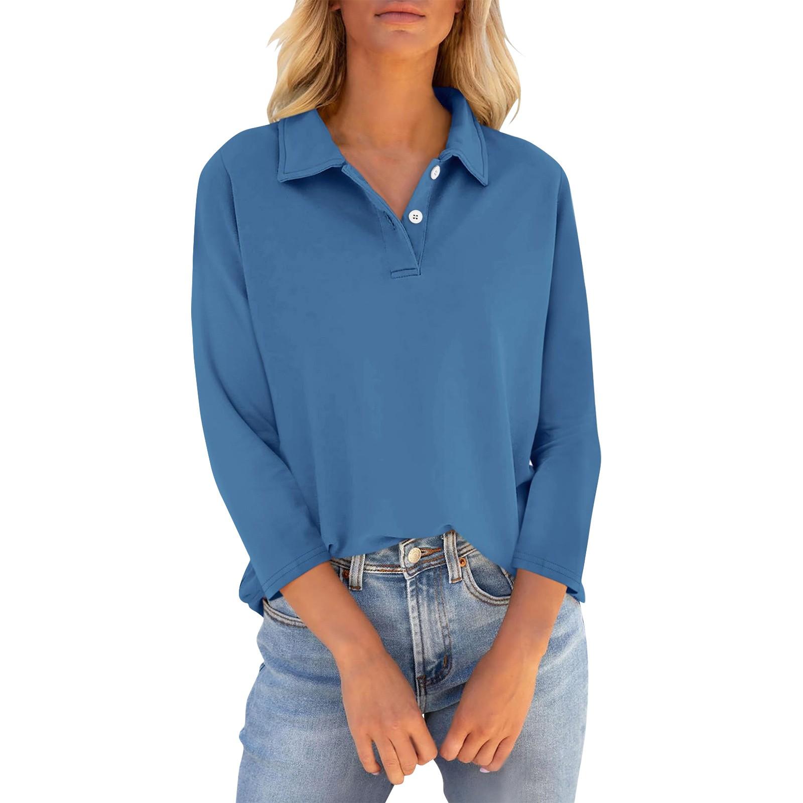 

Женские футболки с рукавом 3/4, летние рубашки с V-образным вырезом и пуговицами, повседневные однотонные свободные топы с воротником XL синий