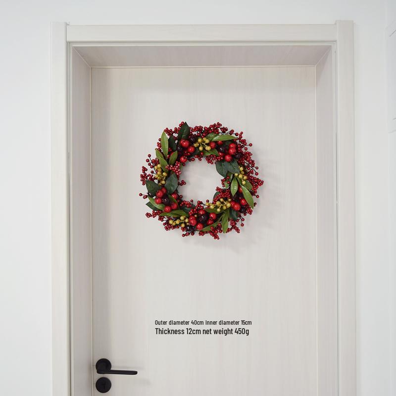 Handmade Christmas Wreath with Red Berries & Green Leaves on Steel Ring for Door Decoration