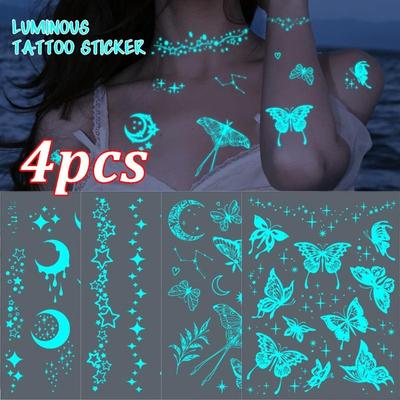 4 stücke Luminous Glow Wasserdicht Temporäre Tattoo Aufkleber Stern Schmetterling Flash Tatto Frauen Männer Arm Körper Kunst Gefälschte Tattoos