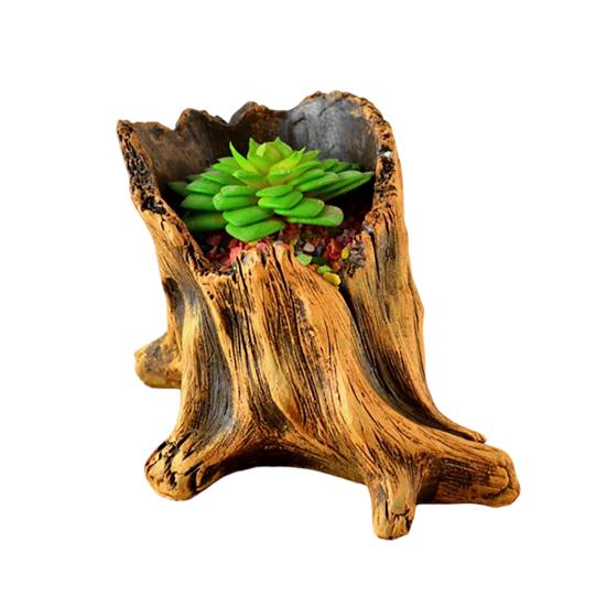 Flowerpot Hand-Painted Imitation Old Tree Stump Shape Outdoor Garden Planter Cement Texture Weatherproof Plant Container