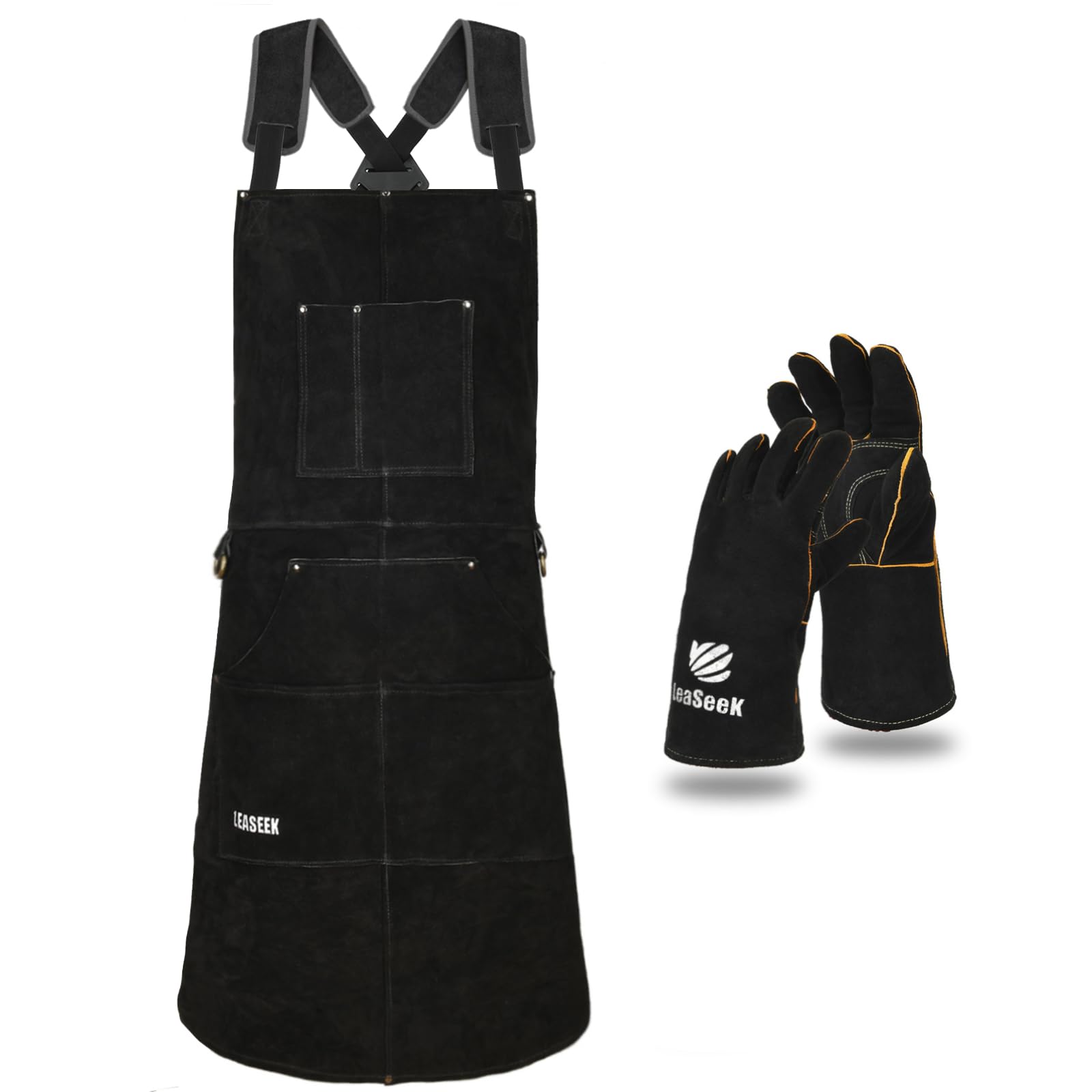 [LeaSeek] Leather Welding Apron, Heat-Resistant, Flame-Retardant, forging work apron, 6 pockets, unisex