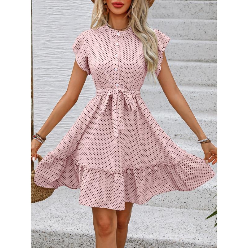 YYFS Women's Fashion Summer Spring Polka Dot Print Short Sleeve O-Neck High Waist Casual Dresses