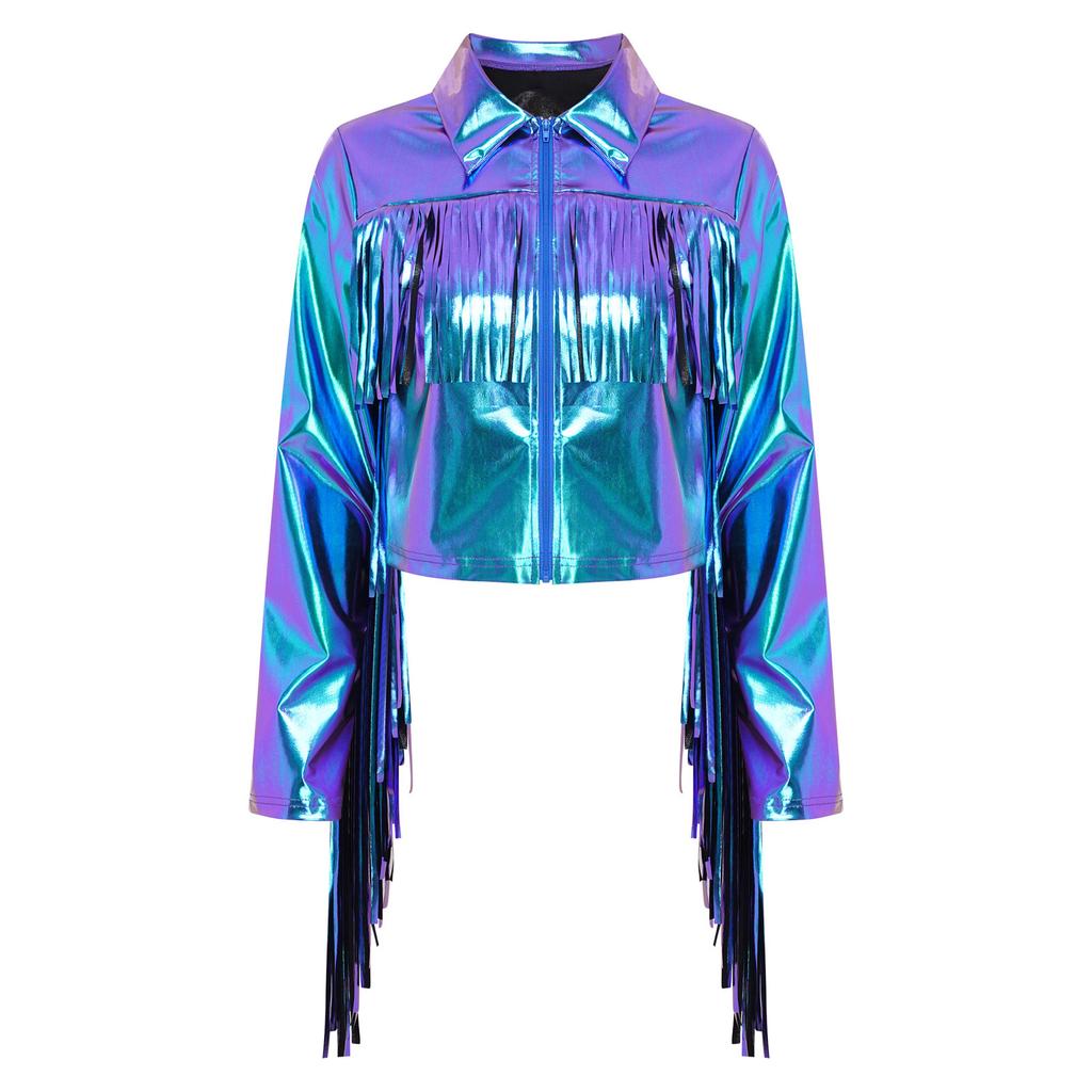 Women's Dance Birthday Party Jacket S-3XL: Tassels Metallic Glossy Turn-Down Collar Long Sleeve Zipper Fringe Shiny Design