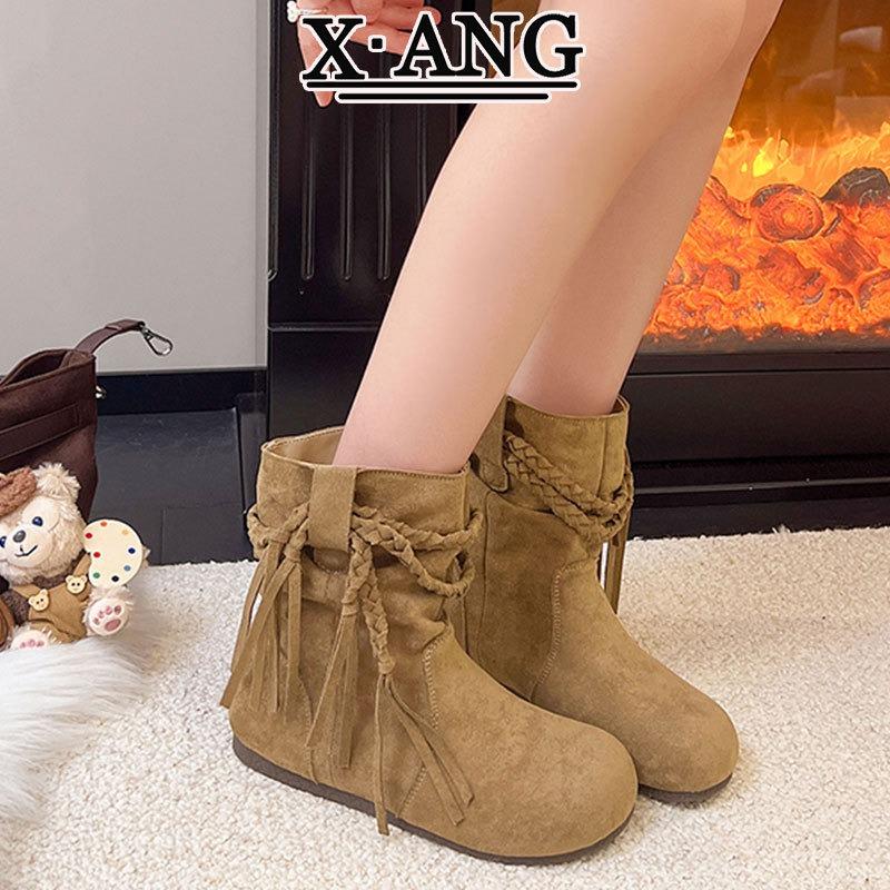 Cowhide version short boots women's inner height increase small fringed stacking boots autumn new retro Martin boots