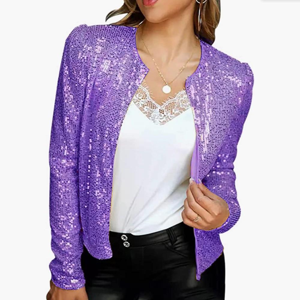 Women's Cardigan Long Sleeve Shiny Sequin Coat Open Front Casual Female Jacketc