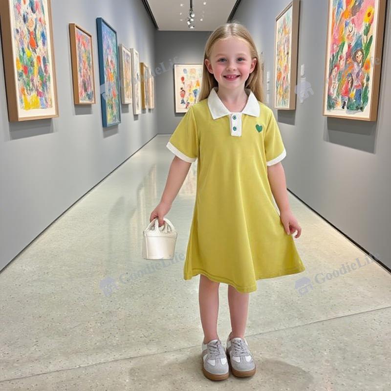 Girls Polo Dress Summer Short Sleeve Purple A Line Korean Style New Fashion Plain Color Collar Dress