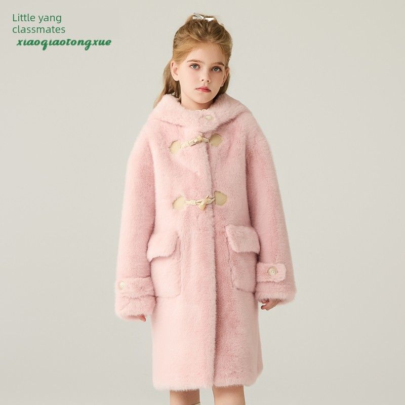Children s Fur Coat, Girls Clothing, Imitation Mink Fur, Thickened Horn Button, Mid-Length, Little Girl s Fur Coat Pink 120