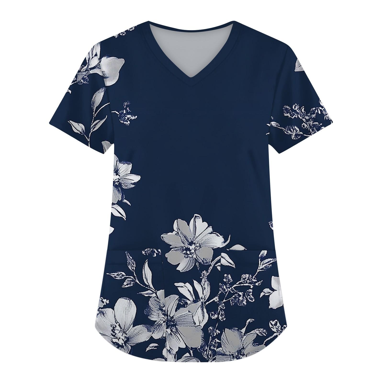 

Женская мода с коротким рукавом и V-образным вырезом с карманами и цветочным принтом Топы Одежда XXXL