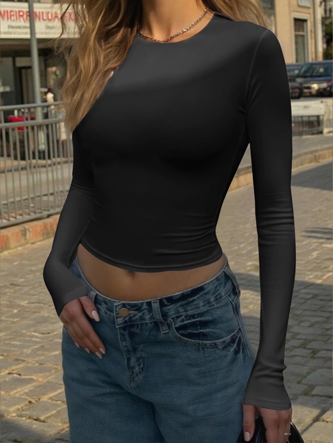 European and American yoga sports slim-fit long-sleeved vest T-shirt women s spring and summer S чёрный