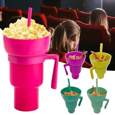 Tazza per popcorn, bicchiere da stadio con ciotola per snack, tazza per snack 2 in 1 con cannuccia, tazza per snack a tenuta stagna, riutilizzabile per bevande cinematografiche, tazza per popcorn