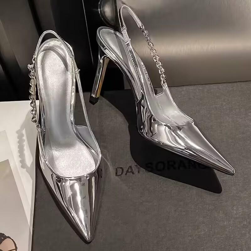 Fashion New Women's Shiny High Heels Slingback Women Pumps Metallic Crystal Sandals Pointy Toe Stiletto Heeled Shoes Party Dress Shoes