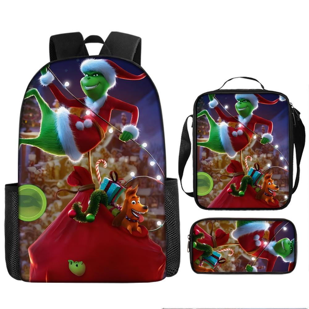Green Hair Grinch Grinch School Bag Cartoon Backpack Three-Piece Set Satchel Pencil Case