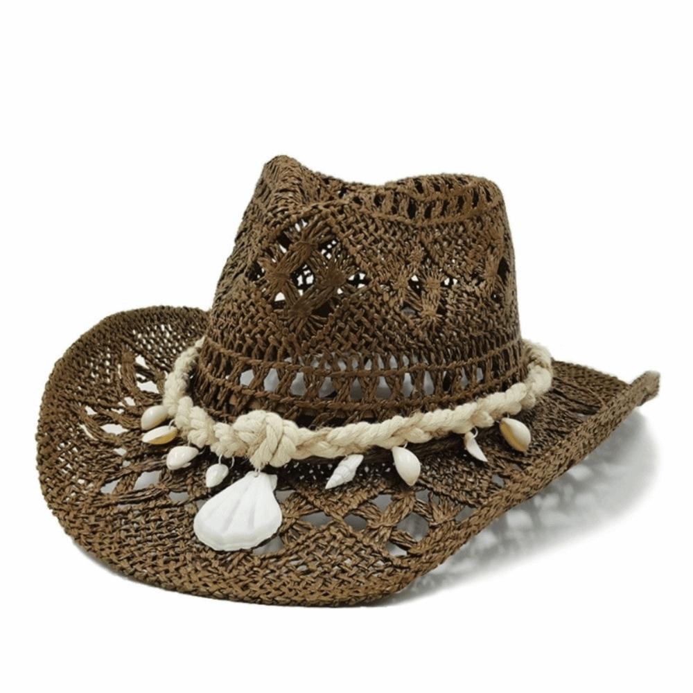 New Hollow Cowboy Straw Hat Large Brim Seashell Beach Sun Hat Big Head Circumference Bohemian Hat Sunshade