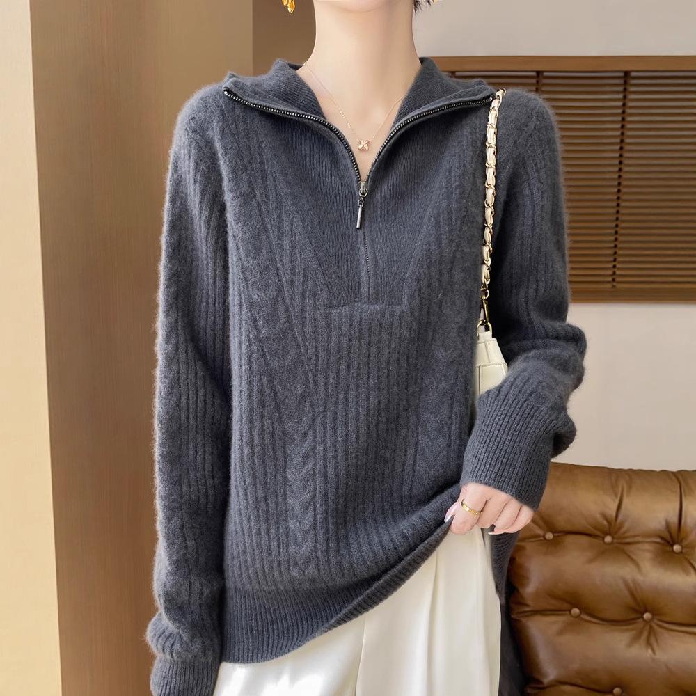 Women's High-Neck 100% Wool Cable Knit Sweater - Thickened Long Sleeve Zipper Pullover for Autumn & Winter