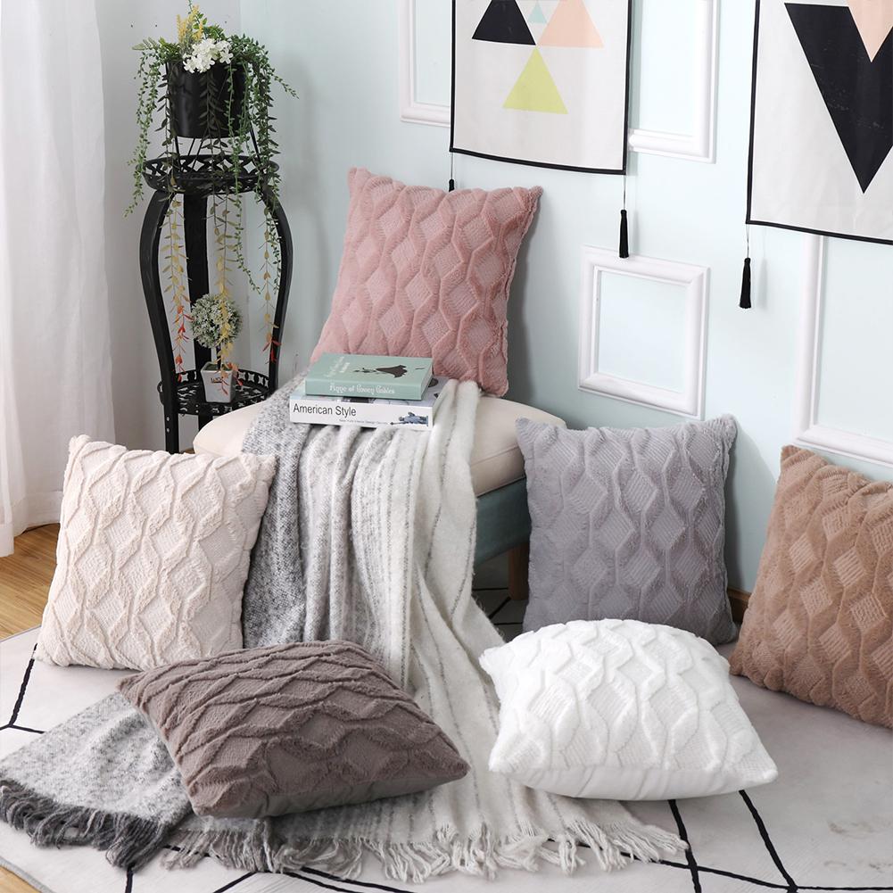 Plush Pillowcase Rhombus Geometric Embroidered Pattern Simple Solid Color Home Car Winter Sofa Cushion Cover 40x40cm/50x5cm