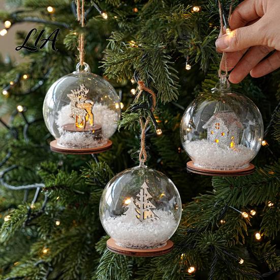 Lighted Christmas Tabletop Decor Glass Ball Ornament, LED Winter Snow Scene Wonderland Props Hanging Bauble with Reindeer Cabin for Tree Decorations
