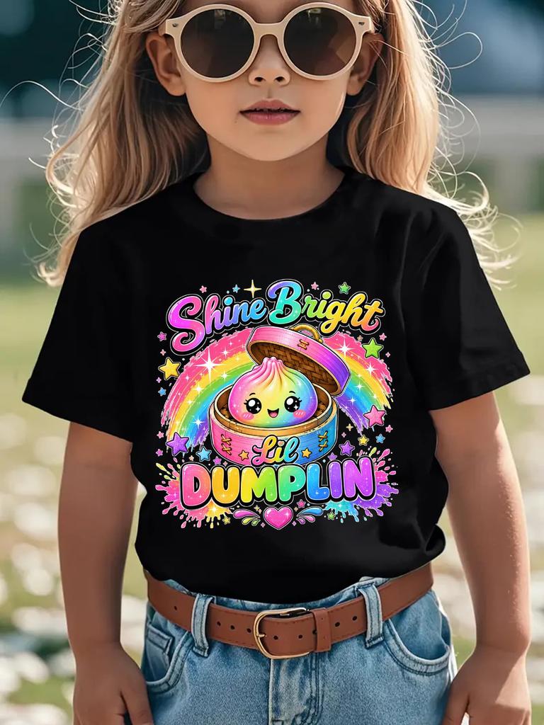 Rainbow Glitter Cute Dumpling Slogan Print Family Matching Cotton Tees Short Sleeve Tops For Mom Dad Boys Girls Daily Wear
