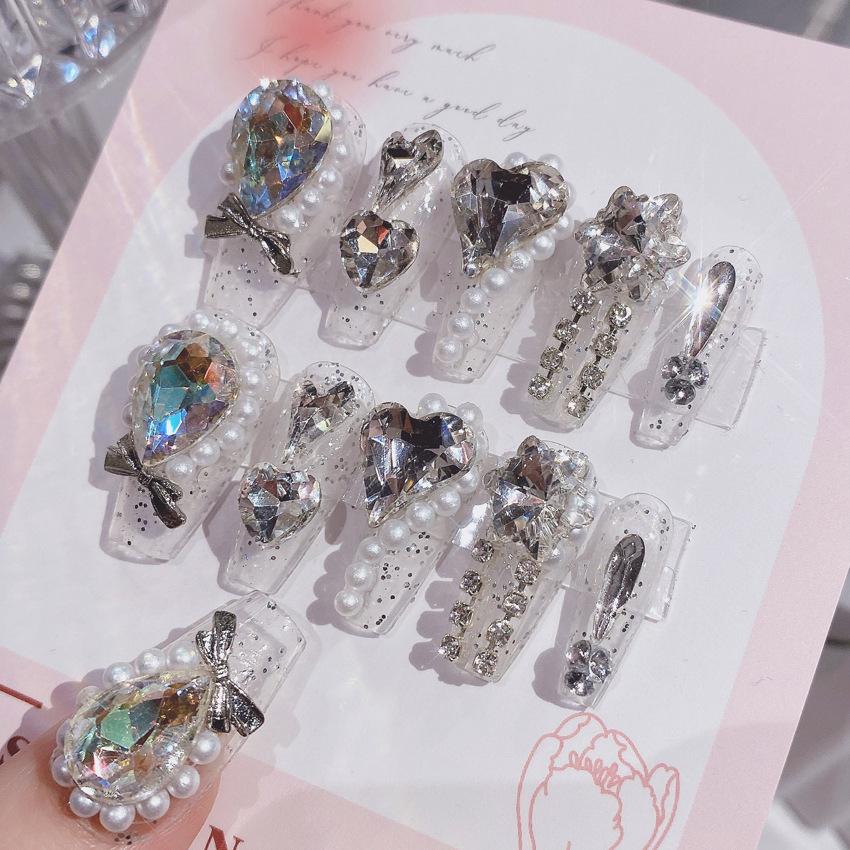 Medium Coffin Press On Nails with Rhinestones Designs Reusable Full Cover Glue On Fake Nails Press Ons Artificial False Nails Stick On Nails for Women